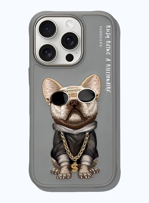 AURUM_3D Bulldog Billionaire 3D phone case with embroidered bulldog, gold sunglasses, dollar chain, and “Busy Being a Billionaire” text.