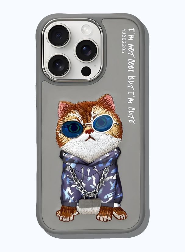 AURUM_3D Cool Cat Royale 3D phone case with embroidered cat in blue sunglasses, patterned hoodie, and “I’m Not Cool But I’m Cute” text.