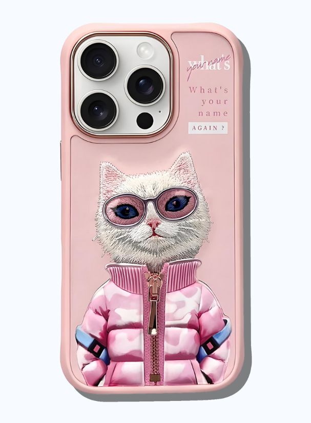 AURUM_3D Feline Grace 3D phone case with embroidered white cat, pink sunglasses, pink camo jacket, and “What’s your name again?” text.