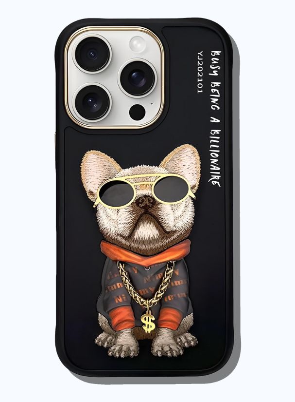 AURUM_3D Frenchie Flex 3D bulldog phone case with gold sunglasses, dollar chain, orange hoodie, and “Busy Being a Billionaire” text.