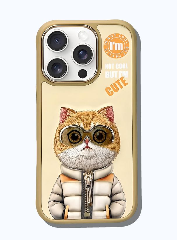 Full view of AURUM_3D Lionheart Legacy phone case featuring a cat character in a puffer jacket and “Not Cool But I’m Cute” slogan.