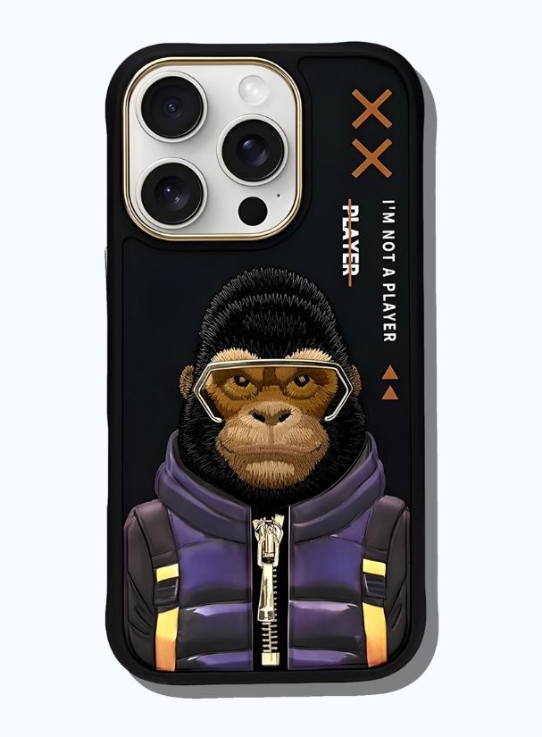 Front view of AURUM_3D Majestic Force phone case with gorilla design, statement text “I’m Not a Player,” and bold orange accents.