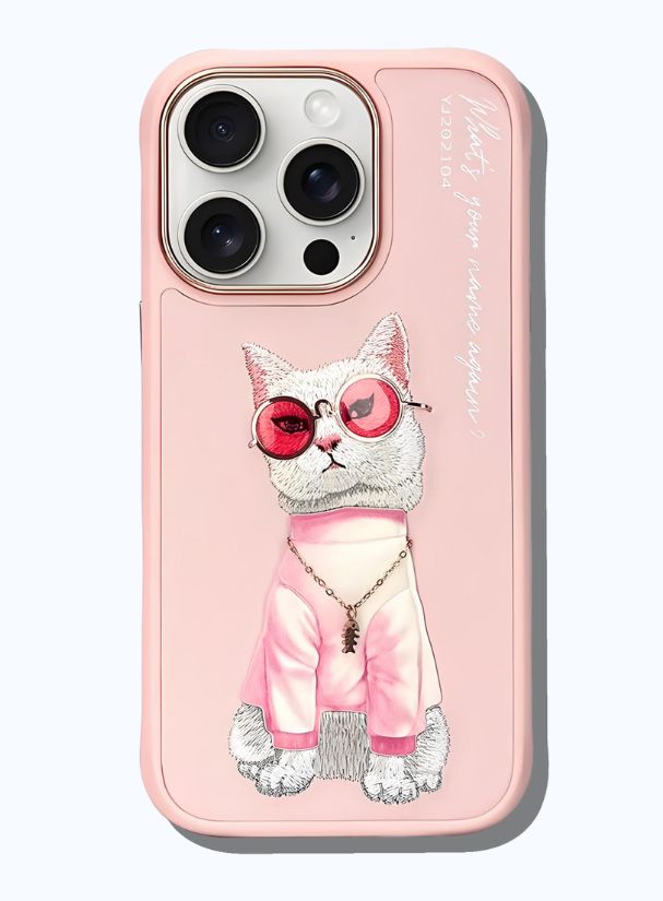 AURUM_3D Pink Panthera 3D cat phone case with pink sunglasses and stylish outfit.