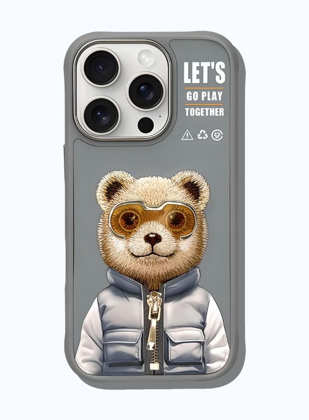 Front view of AURUM_3D Wild Embrace phone case with a bear in goggles and a puffer vest, featuring the slogan “Let’s Go Play Together.”