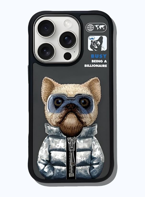 AURUM_3D Wolf’s Whisperer 3D phone case with embroidered bulldog, reflective goggles, camo jacket, and “Busy Being a Billionaire” text.